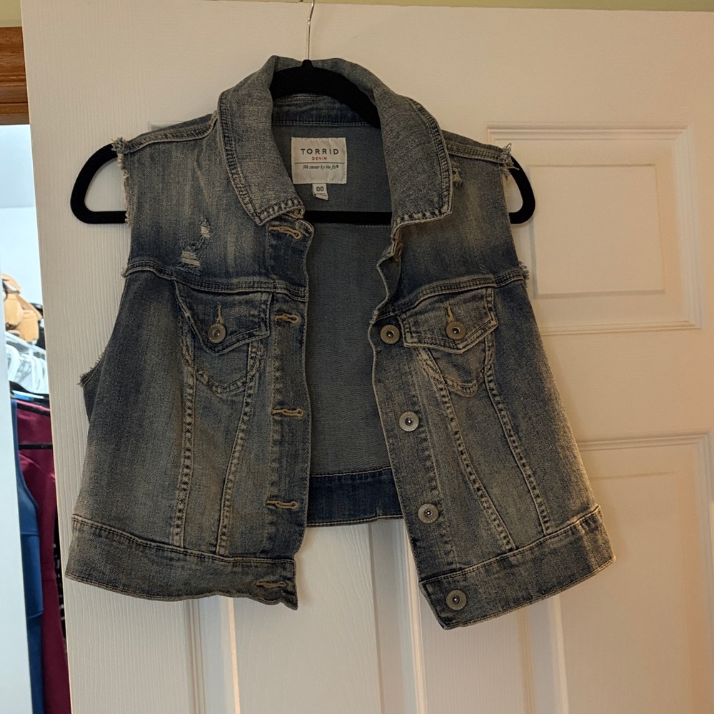 torrid Light Wash Denim Vest with Distressed Details